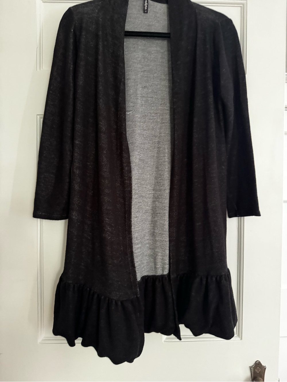 Open-Front Black Ruffle-Hem Sweater Cardigan